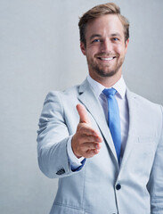 Businessman, open hand and greeting for handshake, deal and partnership or collaboration. Human resources, welcome and interview thank you for hiring, recruitment and onboarding for employee at work