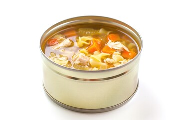 Can Soup. Chicken Noodle Soup in Fake Generic Labeled Can Isolated on White Background