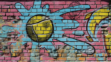 Pop art comic street graffiti with tennis on brick wall. Retro poster concept. Tennis tournament...