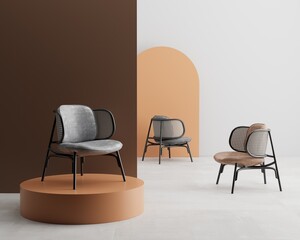3d render armchairs in minimal interior .Seating arrangement with Pedestal and wall 