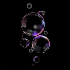 Realistic 3D soap bubbles on a black background.Vector illustration. Transparent glass bubbles