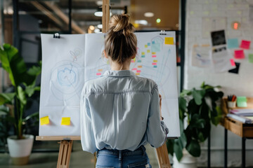 A beautiful young woman with her hair pulled back stands in front of a blackboard with reminders of what she needs to do and learn today