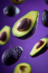 Artistic capture of avocado halves levitating, sharply focused against a deep purple backdrop, creating a vibrant contrast.