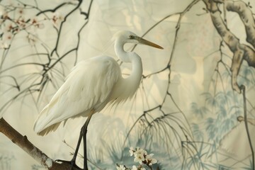 Naklejka premium Serene white great egret stands on a bare branch against a delicate backdrop of floral and landscape art