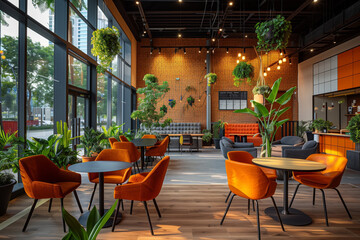 Modern urban co-working space with exposed brick wall, hanging green plants, and orange chairs, offering a vibrant working environment. AI Generated