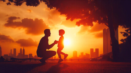 Fototapeta premium Silhouette of a father and son playing in the park at sunset. Father's day concept