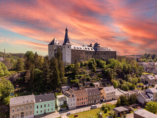 view over castle mylau on the hill at sunset,vogtland saxony germany