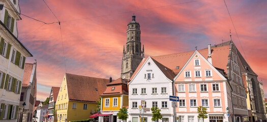 panorama old town nördlingen, bavaria germany at sunset