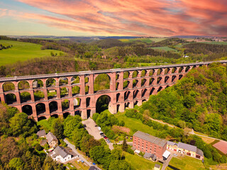 Panorama Göltzsch Viaduct in Vogtland, Saxony East Germany at sunset