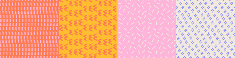 Simple abstract rough Geometric Hand Drawn Irregular Patterns set. Cute Colored Doodle simple drawing with textures, lines, dots and zigzag. Square Poster set. Vector illustration.