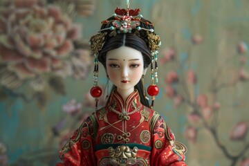 Fototapeta premium Exquisite doll in traditional asian bridal attire posing with detailed craftsmanship and vibrant colors