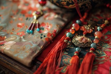 Fototapeta premium Closeup of intricate oriental embroidery with elegant tassels and vintage jewelry piece