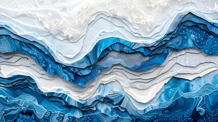 Abstract Blue and White Geode Layers Artwork. Features an abstract art piece resembling a geode with flowing layers of blue, white, and gray. The intricate patterns mimic natural rock formations, crea