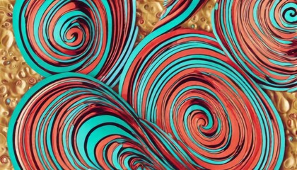 A striking abstract composition with swirling spirals and curves in shades of red and turquoise against a golden backdrop.. AI Generation