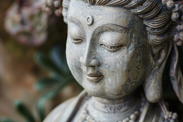 Closeup of a tranquil stone buddha statue's face with intricate details and textures