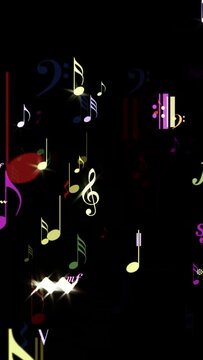 Sparkling Colorful Rainbow Music Notes - Flying Stream Flow Loop - Vertical animation clip for background or overlay compositions - Blend with your footage as ADD, SCREEN, LIGHTEN