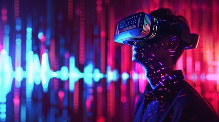 glow polygon of a man wearing virtual reality(VR) on digital sound wave background with copy space