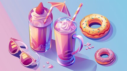 The hello summer concept 3d modern line art web banner features milkshake cocktails in a glass jar with a straw as well as donuts and sunglasses.