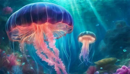 Majestic jellyfish swim in the deep sea, their luminous forms creating a mesmerizing and serene underwater scene.. AI Generation