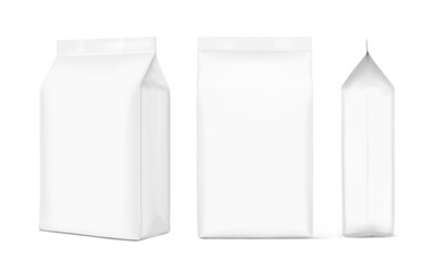 Vertical bag mockup. Flat bottom bag. Front, side, half side view. High realistic. Vector illustration isolated on white background. Ready for use in presentation, promo, advertising and more. EPS10.