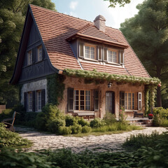 Small cozy traditional private house in Fachwerk architectural style.