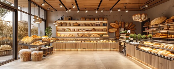 Bakery section in a supermarket, wide angle view, variety of breads and pastries, clean lines and neutral tones, modern digital style