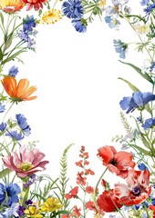 A colorful flowery border with a white background. The flowers are in various colors and sizes, and they are arranged in a way that creates a sense of movement and depth