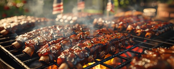 BBQ pit with smoking ribs and brisket, outdoor setting with American flags, rich smoky colors, detailed watercolor technique