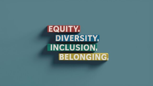 Colored wooden blocks with text Equity Diversity Inclusion Belonging on solid background - diversity awareness - workplace inclusion - social equity campaigns