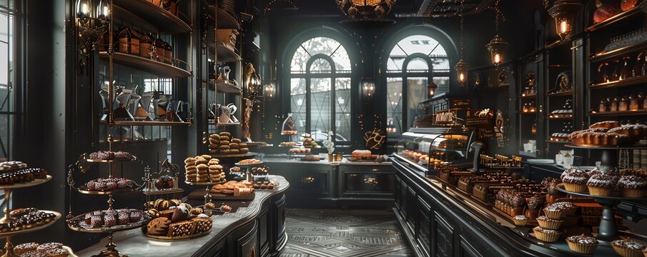 Gothic themed bakery with dark, rich chocolate desserts, mysterious and luxurious, deep shades with metallic highlights, digital art