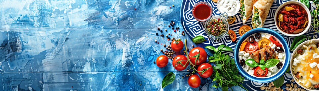 Greek taverna menu, Mediterranean blue and white color scheme, handpainted illustrations of gyro and baklava, simple, clean fonts, decorative Greek key border