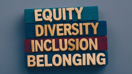 Obraz premium Colored wooden blocks with text Equity Diversity Inclusion Belonging on solid background - diversity awareness - workplace inclusion - social equity campaigns