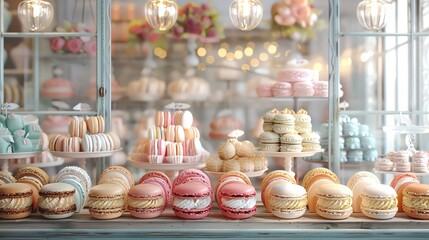 Patisserie window filled with colorful macarons and pastries, delicate watercolor, pastel palette, elegant cursive labels