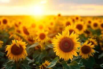 Towering sunflower field at sunrise photo on white isolated background