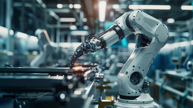 Futuristic robotic assembly close-up, a high-tech robot works with unmatched precision in a modern factory, perfect for industry ads