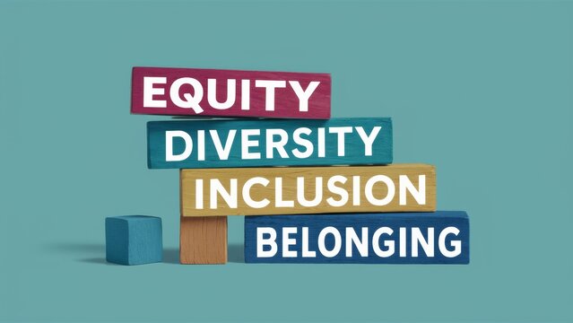 Colored wooden blocks with text Equity Diversity Inclusion Belonging on solid background - diversity awareness - workplace inclusion - social equity campaigns