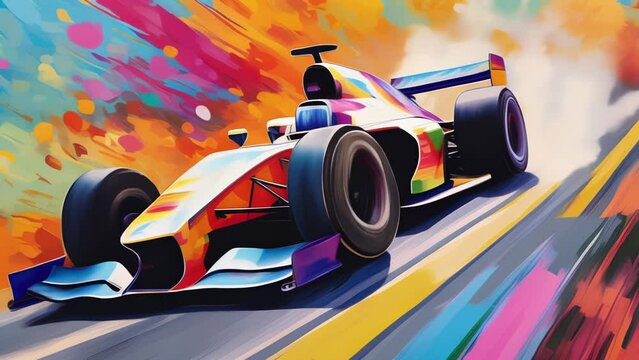 A vibrant and colorful abstract painting of a racing car speeding on a track. The dynamic composition and energetic brush strokes capture the thrill and excitement of motor racing.