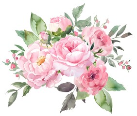 A beautiful bouquet of pink flowers with green leaves. The flowers are arranged in a way that creates a sense of harmony and balance