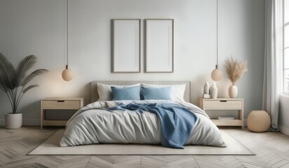 Mockup white poster frame on the wall. Bed with blue and beige bedding. Boho, farmhouse interior design of modern bedroom.