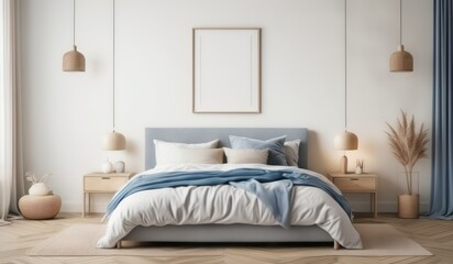 Mockup white poster frame on the wall. Bed with blue and beige bedding. Boho, farmhouse interior design of modern bedroom.