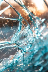 Close up view of office window pane with shattered glass   vandalism or accident concept
