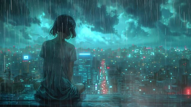  A lonely girl looking sad at a rainy city, lo-fi girl style, anime, manga style scenery, lofi girl vibes, relaxing music video style, seamless loop, 16:9 4K, Illustration