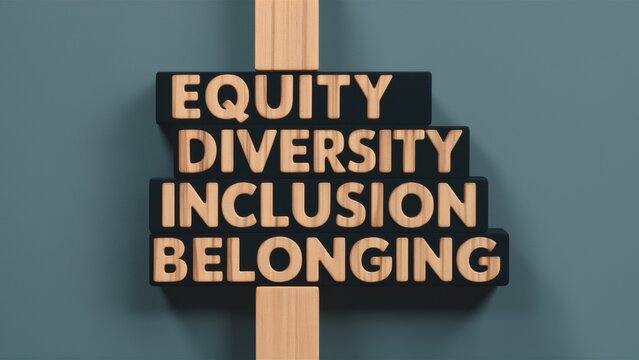 Colored wooden blocks with text Equity Diversity Inclusion Belonging on solid background - diversity awareness - workplace inclusion - social equity campaigns
