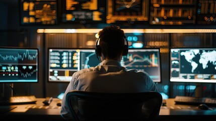 A man is sitting in front of a computer monitor with a headset on. He is focused on the screen, possibly working on a project or analyzing data. The room is dimly lit, which adds to the serious
