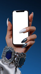 Woman hand hold smartphone mockup. Luxury jewelry, beauty nails, fashion chic. Mobile phone blank screen template