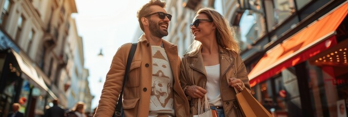 Obraz premium Radiant Couple Embarks on Joyful Shopping Spree Through Bustling City Center Arms Linked and Bags in Hand