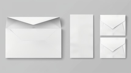 DL and C6 white envelope template mockup with modern realistic details of closed and opened envelopes, letter covers front and back. Business folder mockup that can accommodate business documents and