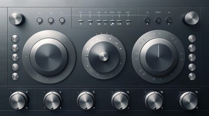 Modern realistic interface of audio or video application with silver buttons with play, stop, pause, power icons.