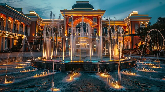An exterior shot of a luxury casino with a fountain in front