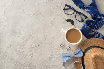 Flat lay composition for Fathers day featuring a coffee cup, glasses, a stylish hat, and accessories on a textured concrete background